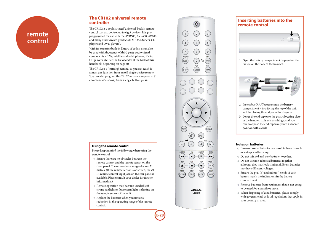 Arcam AVR600 CR102 universal remote controller, Inserting batteries into the remote control, Using the remote control 