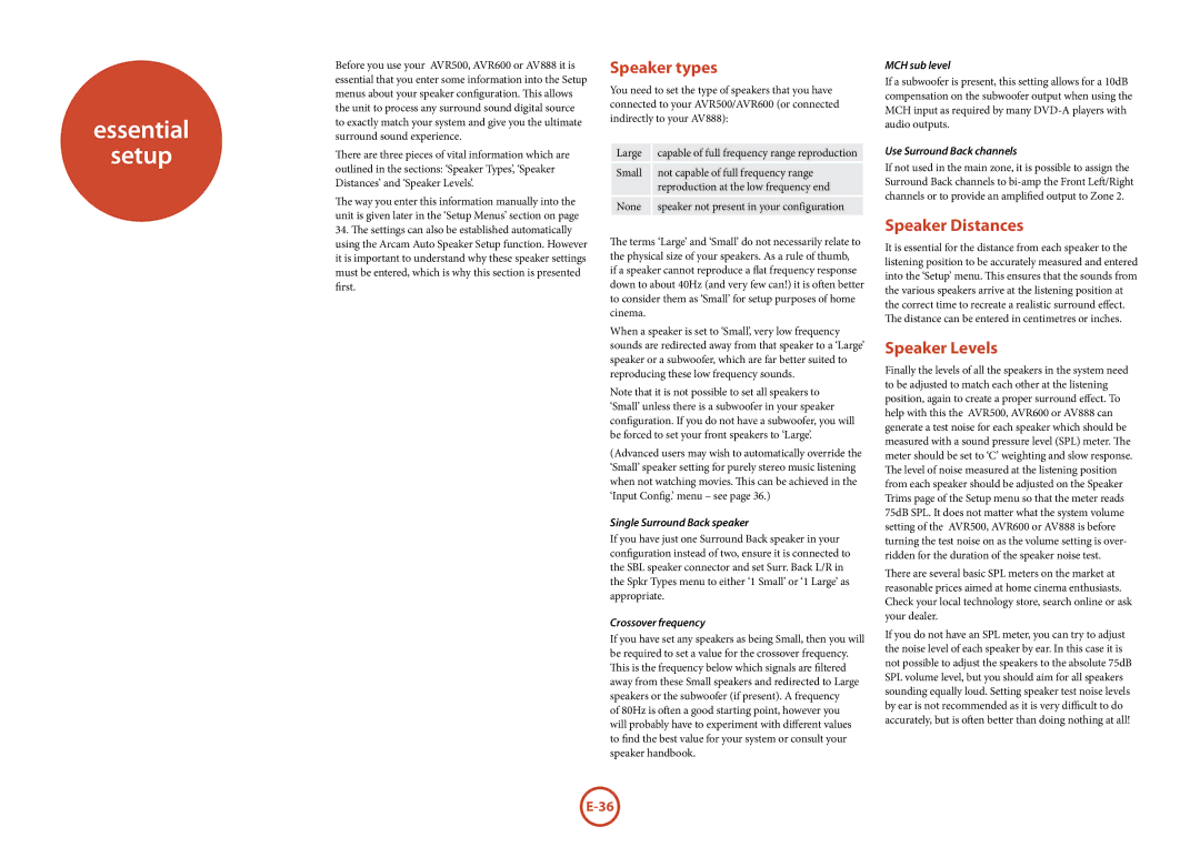 Arcam AV888, AVR600, AVR500 manual Essential Setup, Speaker types, Speaker Distances, Speaker Levels 