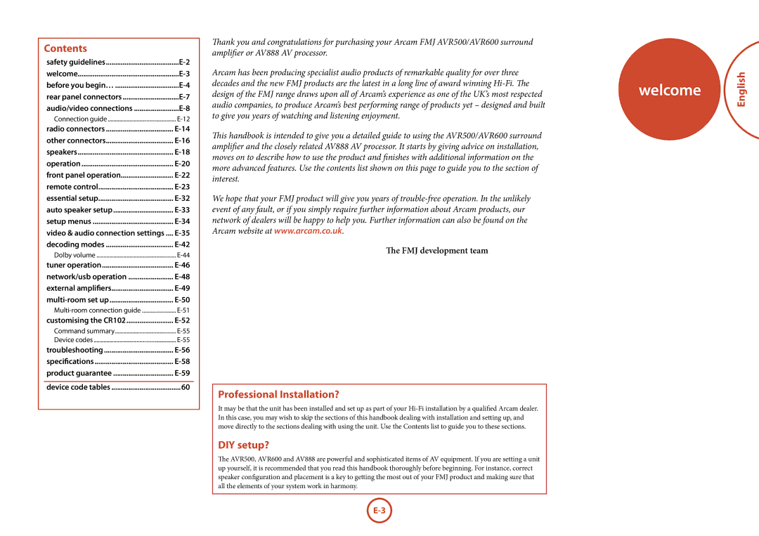 Arcam AV888, AVR600, AVR500 manual Welcome, Contents, Professional Installation?, DIY setup?, English 