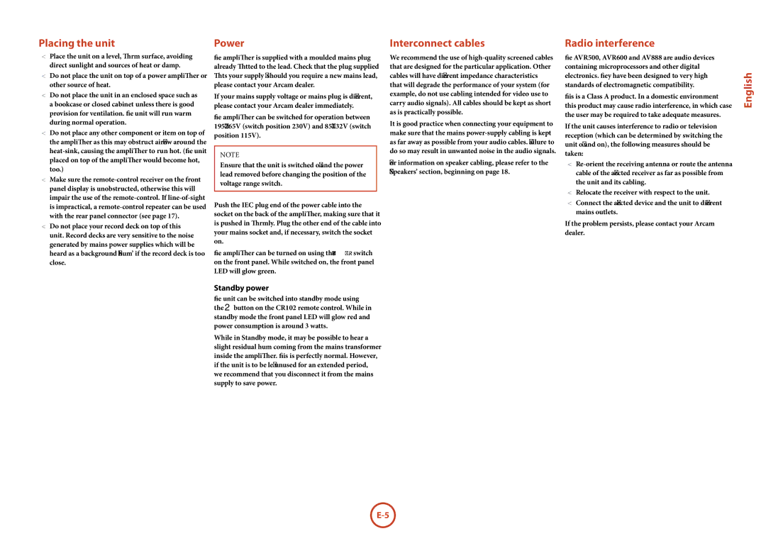 Arcam AVR500, AVR600, AV888 manual Placing the unit, Power, Interconnect cables, Radio interference, Standby power 