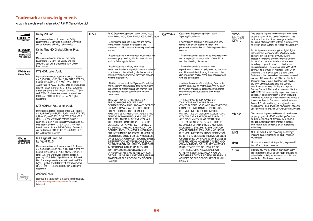 Arcam AV888, AVR600, AVR500 manual Trademark acknowledgements 