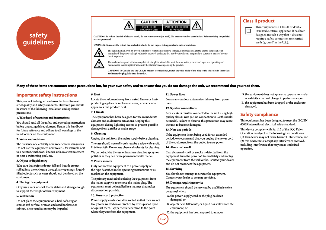 Arcam AV888 safety guidelines, Class II product, Important safety instructions, Safety compliance, Water and moisture 