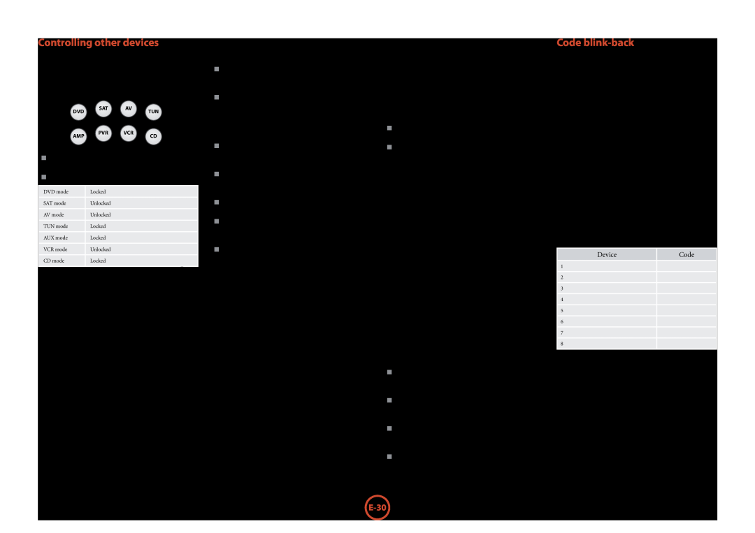 Arcam AV888, AVR600 Controlling other devices, Code blink-back, E-30, Method 1 Direct code setup, Method 2 Library search 