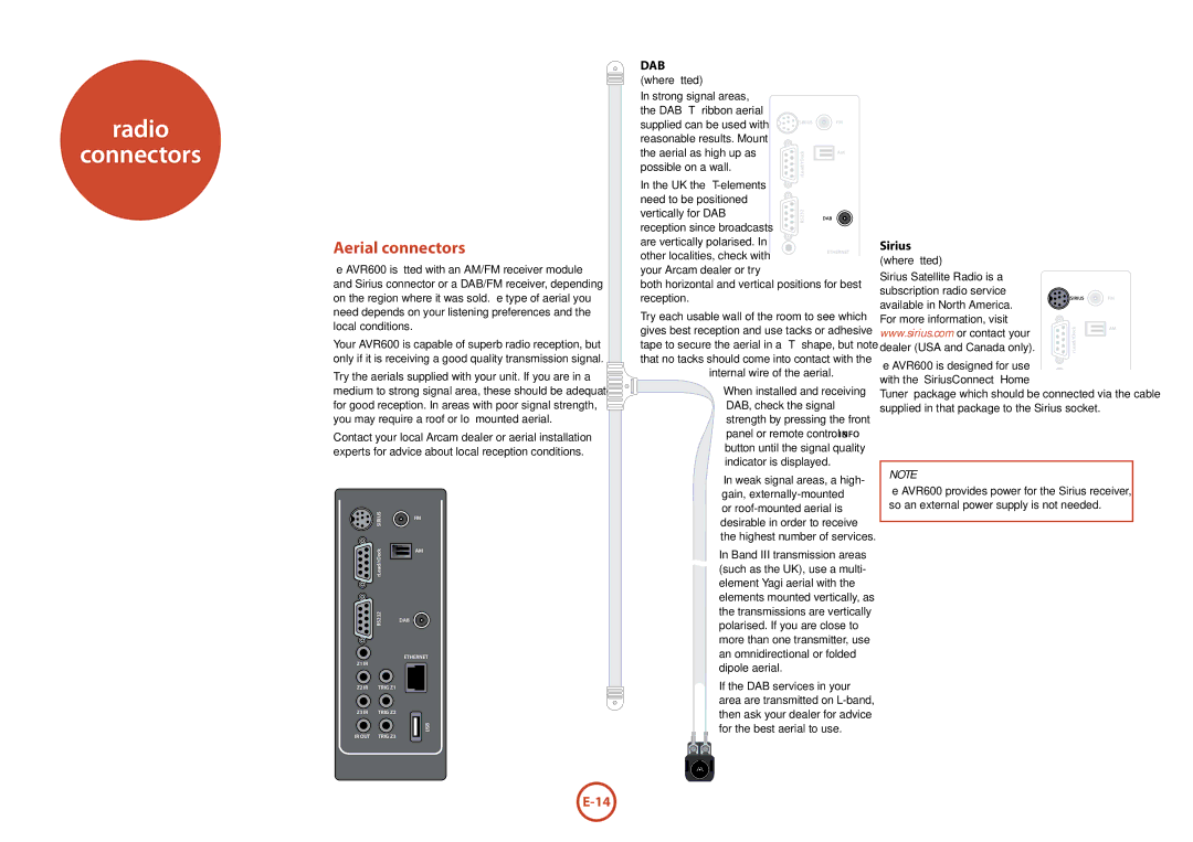 Arcam AVR600 manual Radio Connectors, Aerial connectors, Sirius 