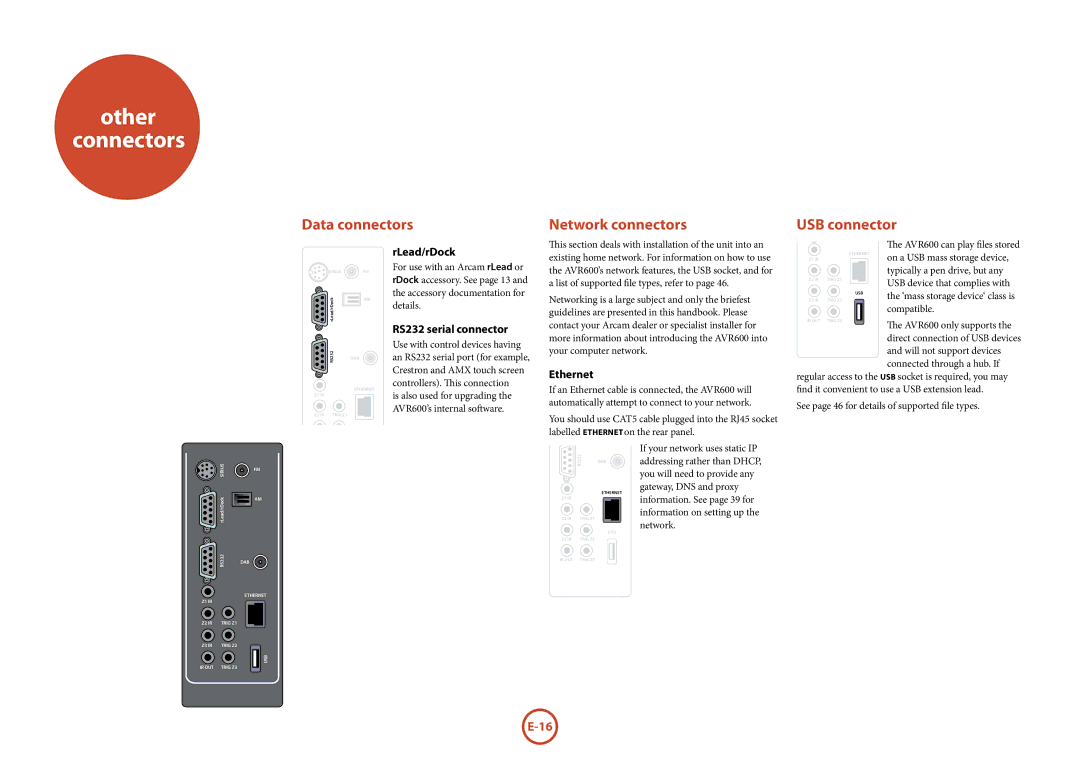 Arcam AVR600 manual Other Connectors, Data connectors Network connectors USB connector, RLead/rDock, RS232 serial connector 