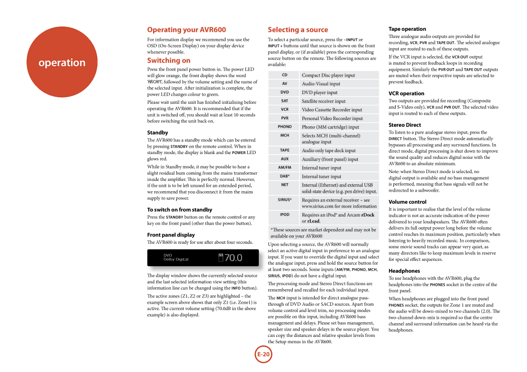 Arcam manual Operation, Operating your AVR600, Switching on, Selecting a source 