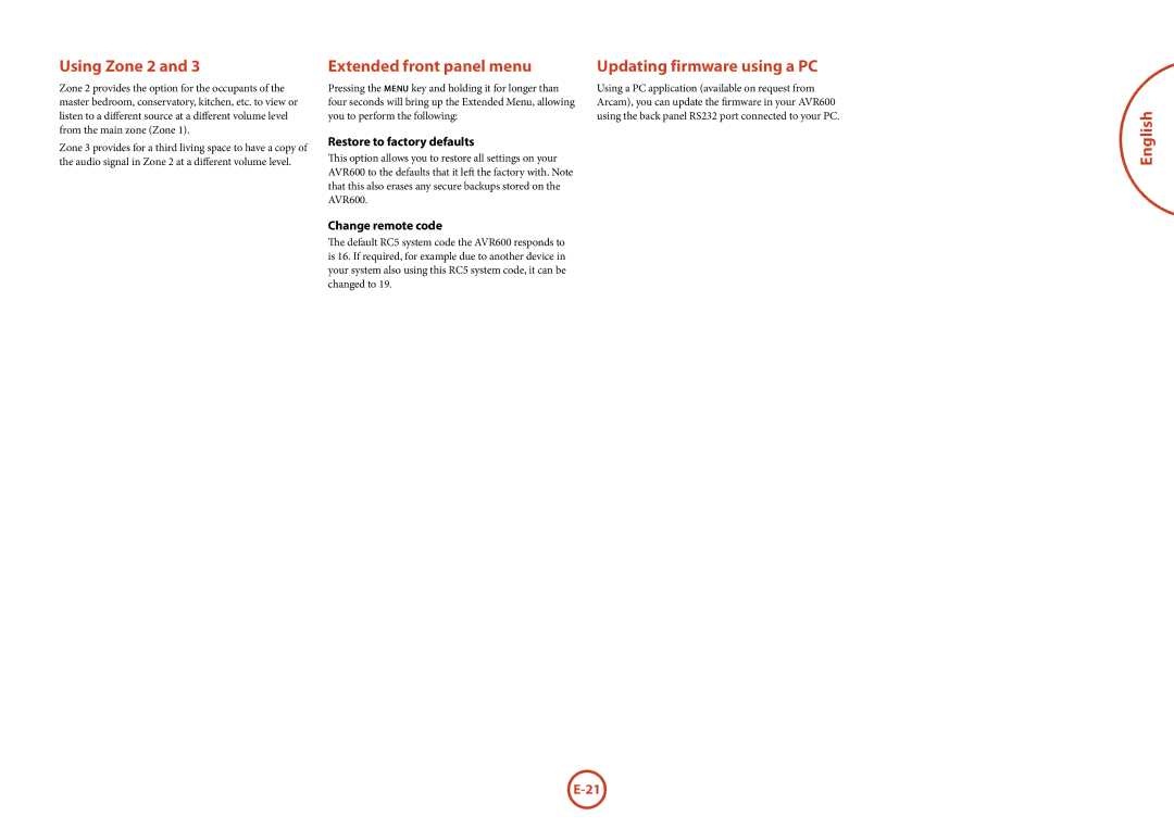 Arcam AVR600 manual Using Zone 2, Extended front panel menu, Updating firmware using a PC, Restore to factory defaults 