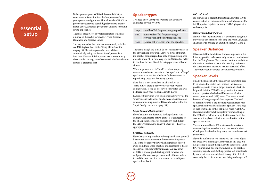 Arcam AVR600 manual Essential Setup, Speaker types, Speaker Distances, Speaker Levels 