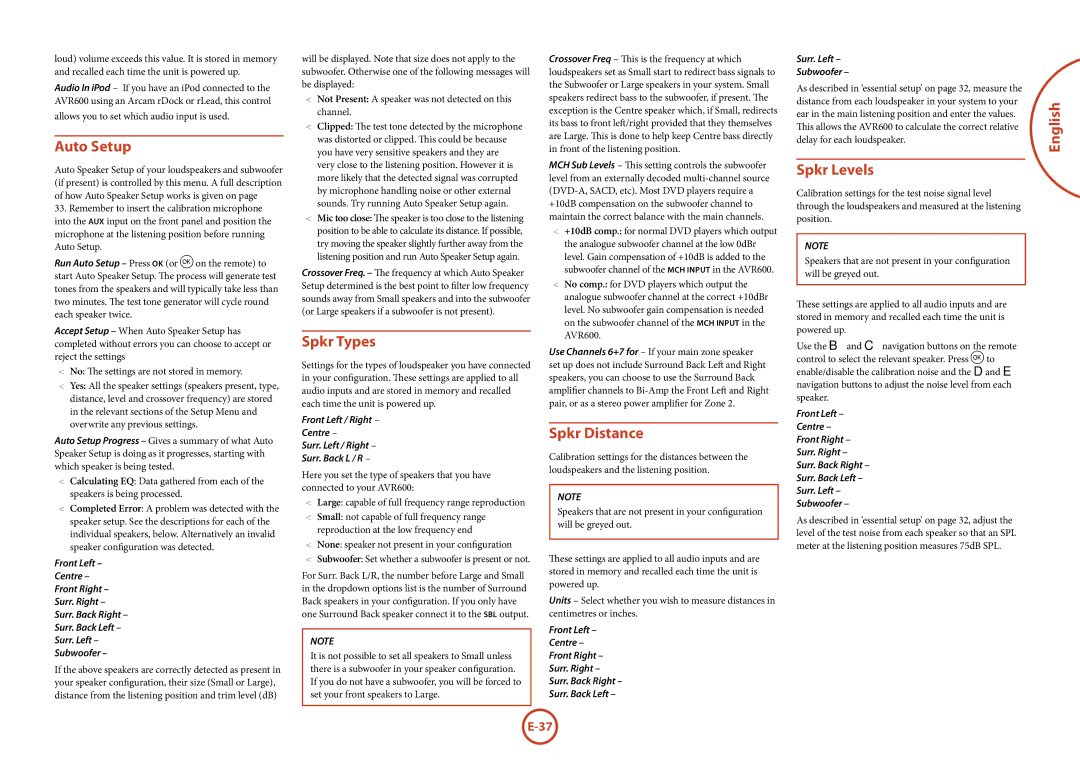 Arcam AVR600 manual Auto Setup, Spkr Types, Spkr Distance, Spkr Levels 