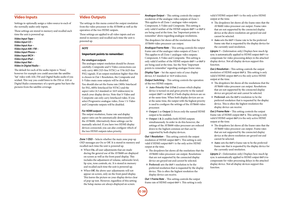 Arcam AVR600 manual Video Inputs, Video Outputs, Important points to remember, For analogue outputs, For Hdmi outputs 