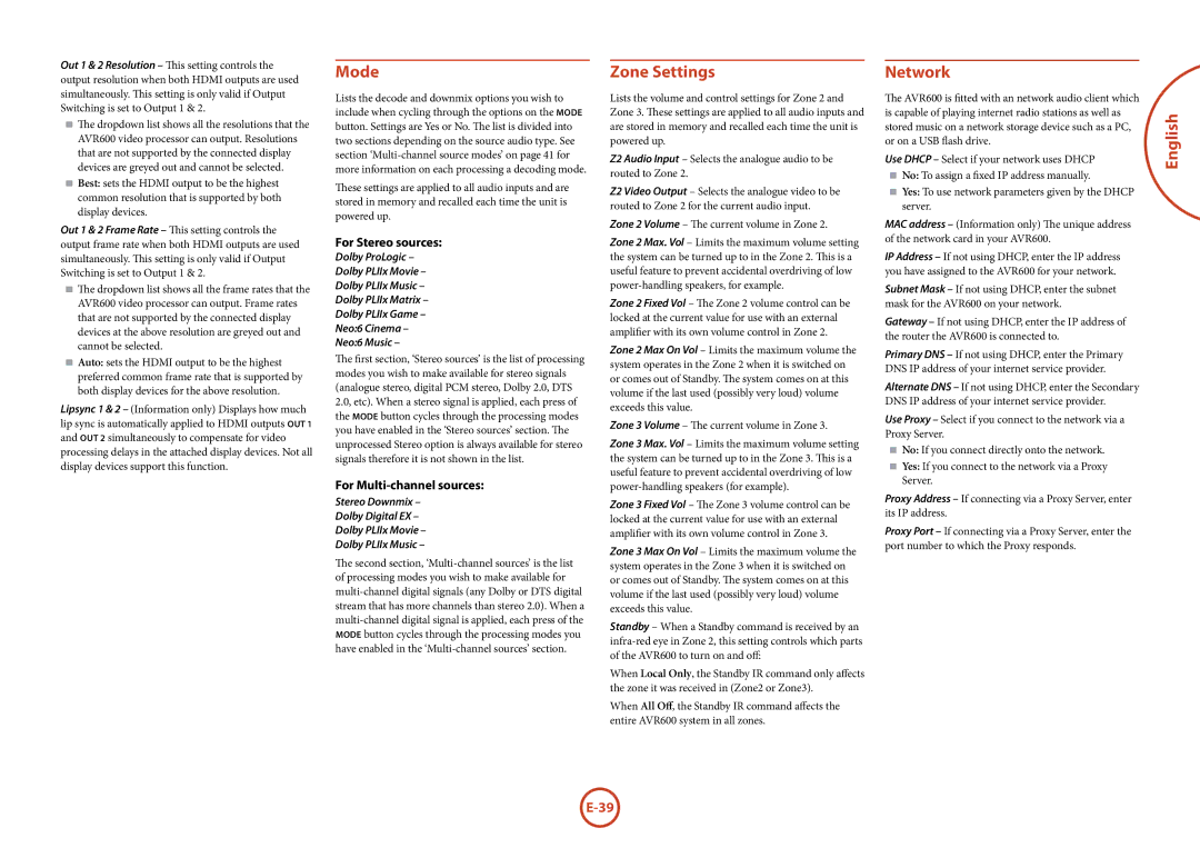 Arcam AVR600 manual Mode, Zone Settings, Network, For Stereo sources, For Multi-channel sources 