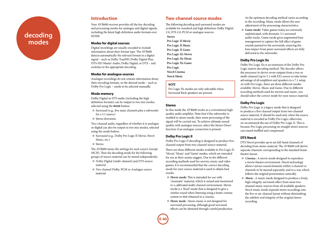 Arcam AVR600 manual Decoding Modes, Introduction, Two-channel source modes 