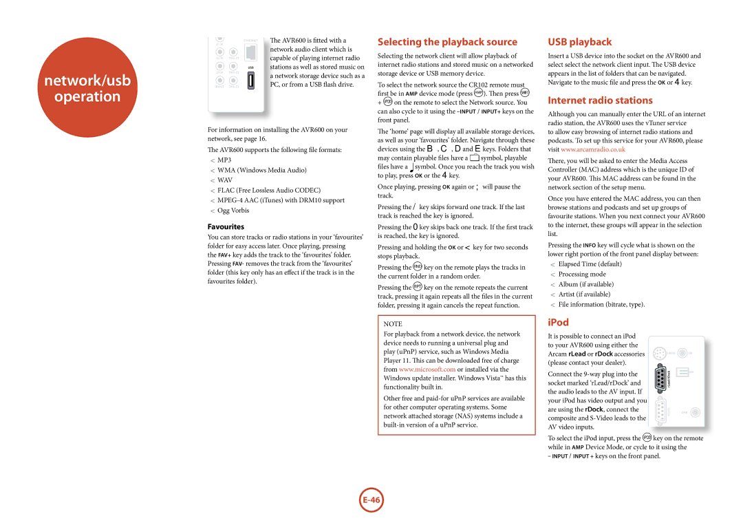 Arcam AVR600 manual Network/usb Operation, Selecting the playback source, USB playback, Internet radio stations, IPod 