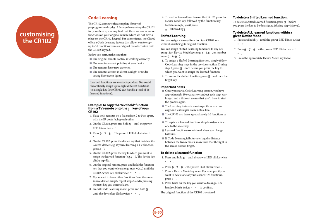 Arcam AVR600 manual Customising CR102, Code Learning 