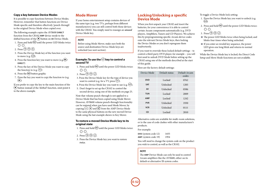 Arcam AVR600 manual Mode Mover, Locking/Unlocking a specific Device Mode, Copy a key between Device Modes 