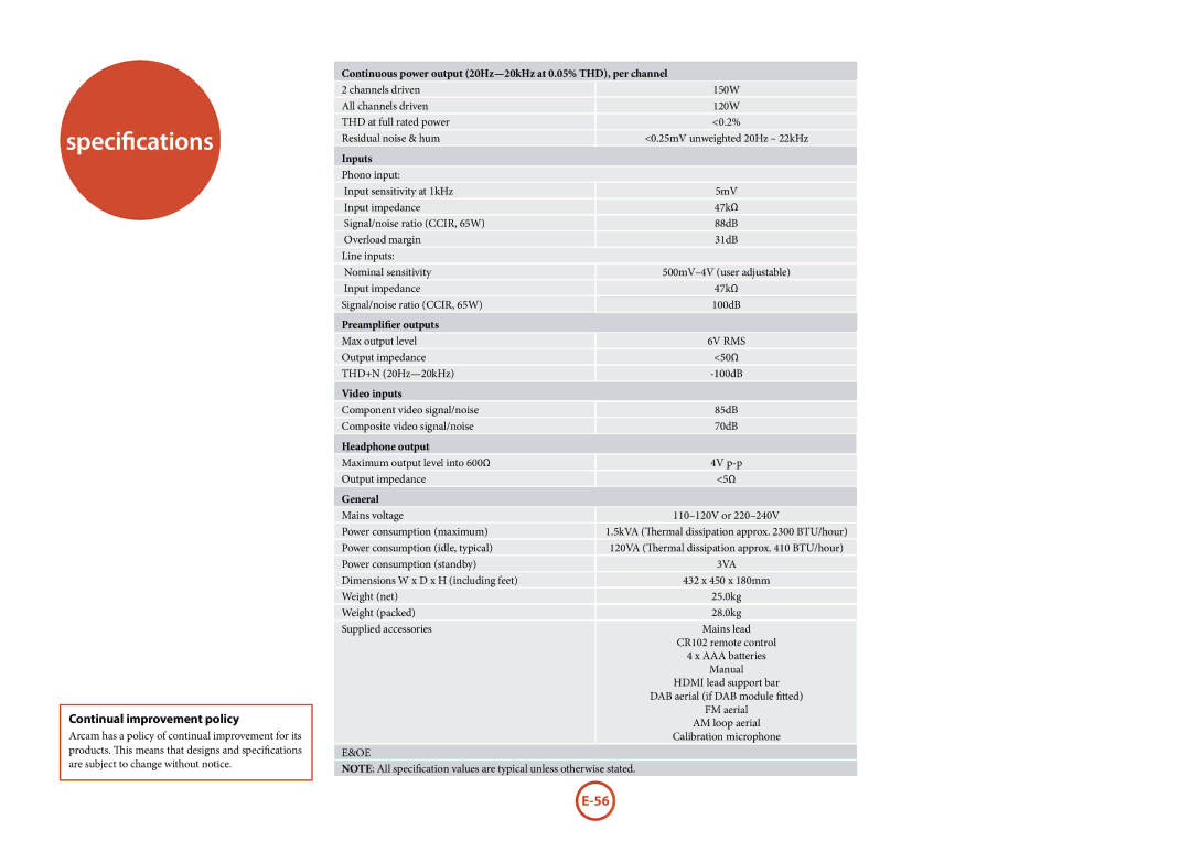 Arcam AVR600 manual Specifications, Continual improvement policy 