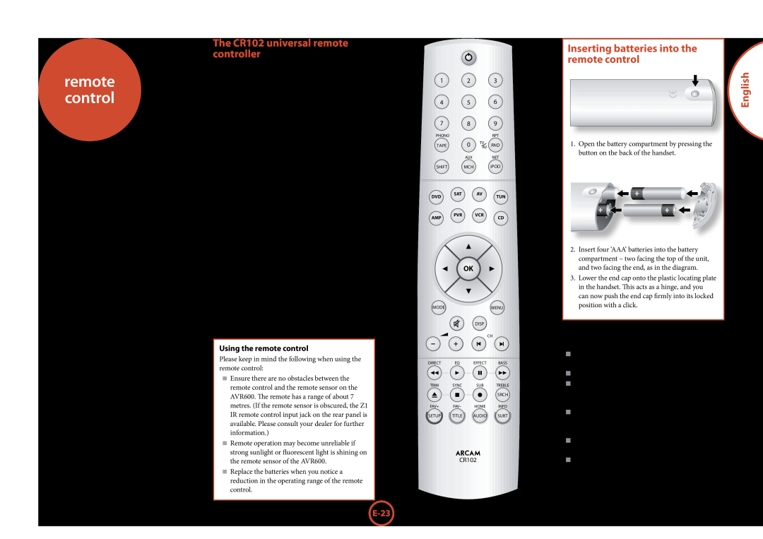 Arcam AVR600 manual The CR102 universal remote controller, Inserting batteries into the remote control, E-23, English 