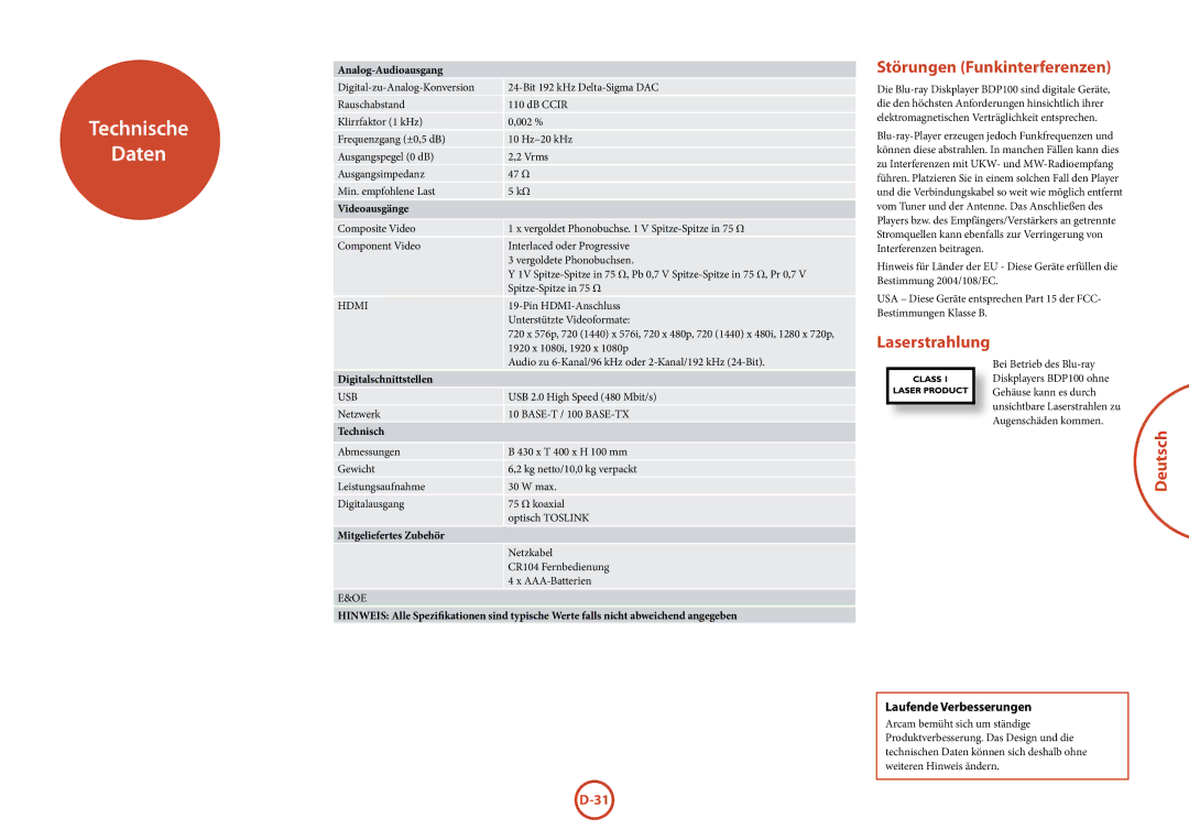 Arcam BDP100 manual Technische Daten, Störungen Funkinterferenzen, Laserstrahlung, Laufende Verbesserungen 