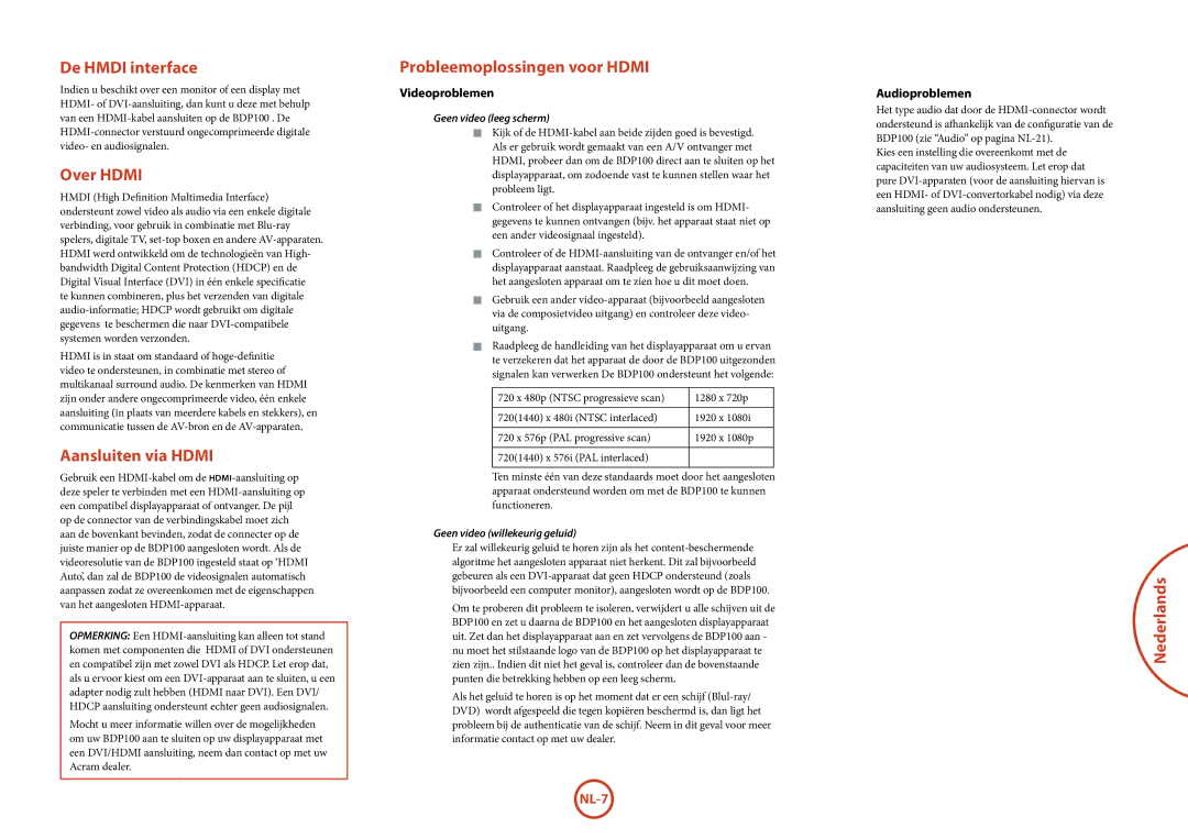 Arcam BDP100 manual De Hmdi interface, Over Hdmi, Aansluiten via Hdmi, Probleemoplossingen voor Hdmi 