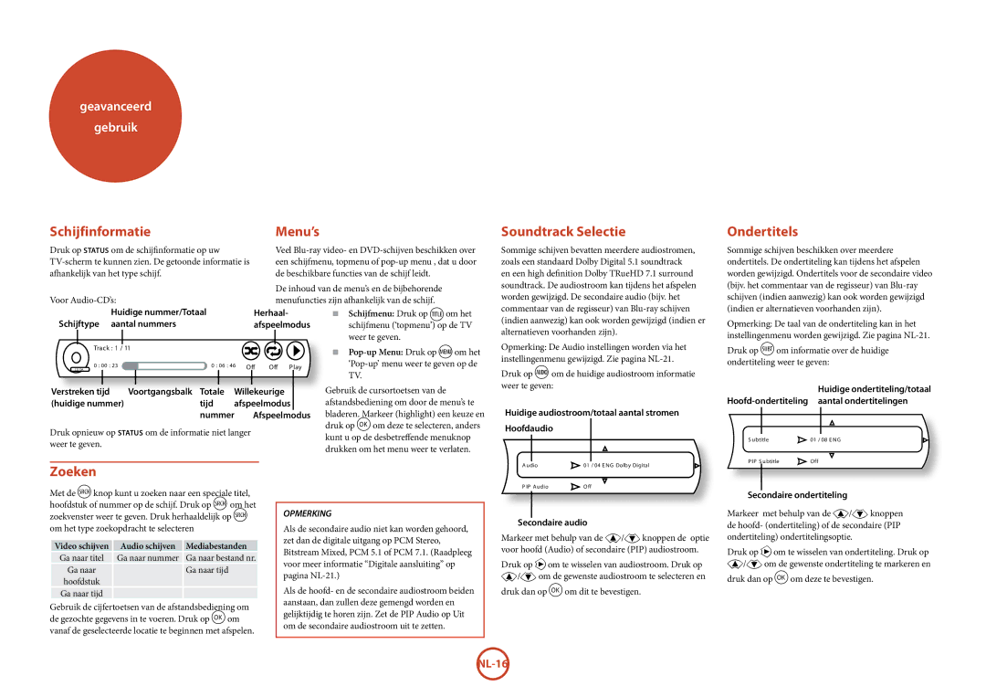 Arcam BDP100 manual Schijfinformatie Menu’s, Soundtrack Selectie, Ondertitels, Zoeken 