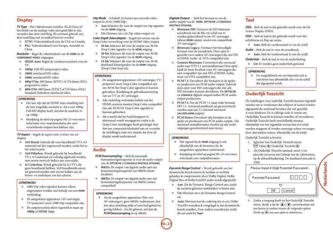 Arcam BDP100 manual Taal, Ouderlijk Toezicht, PCM Downsampling in op 48kHz 