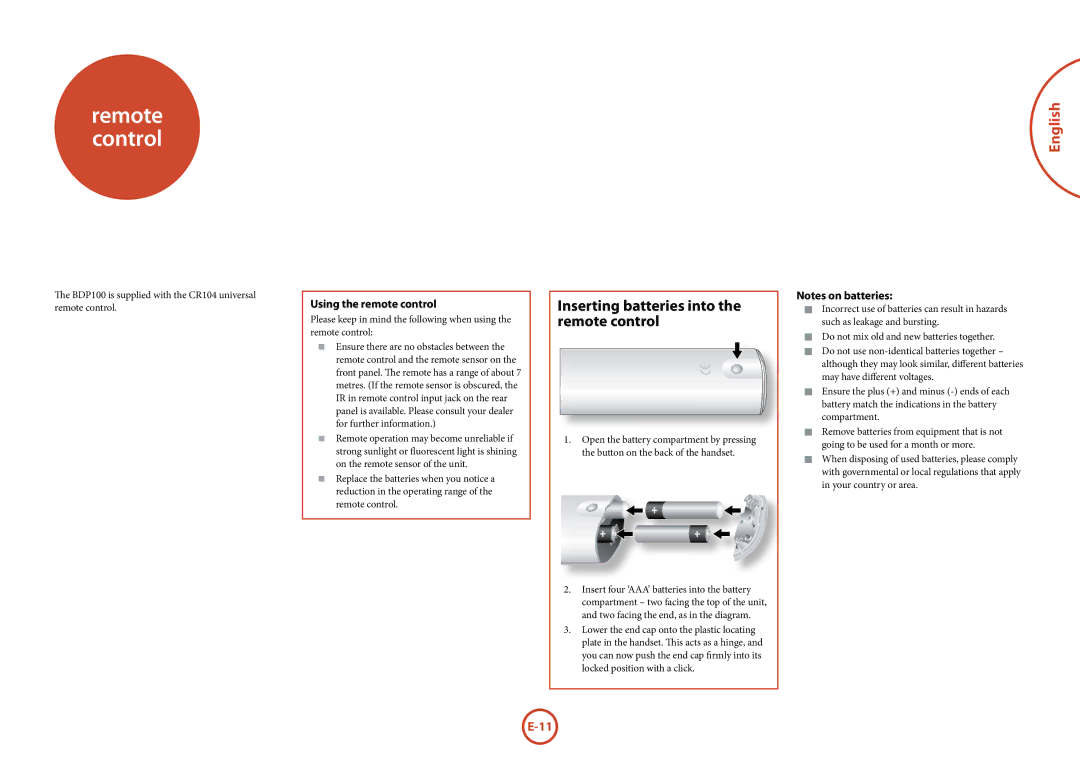 Arcam manual Using the remote control, BDP100 is supplied with the CR104 universal remote control 