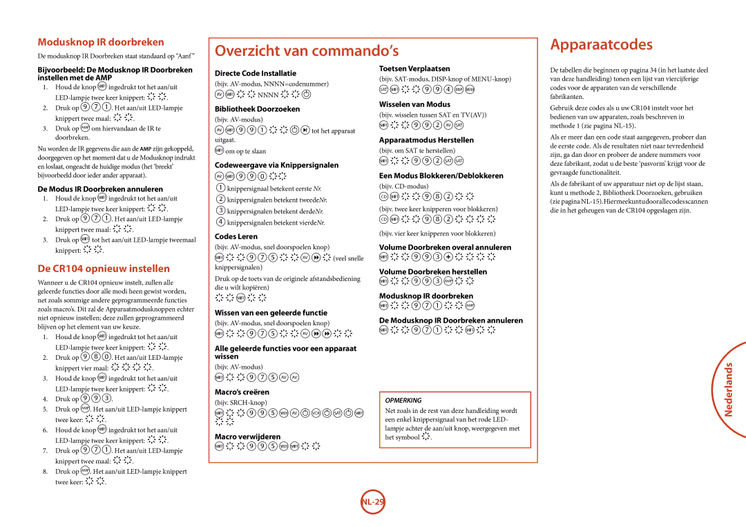 Arcam BDP100 manual Modusknop IR doorbreken, De CR104 opnieuw instellen 