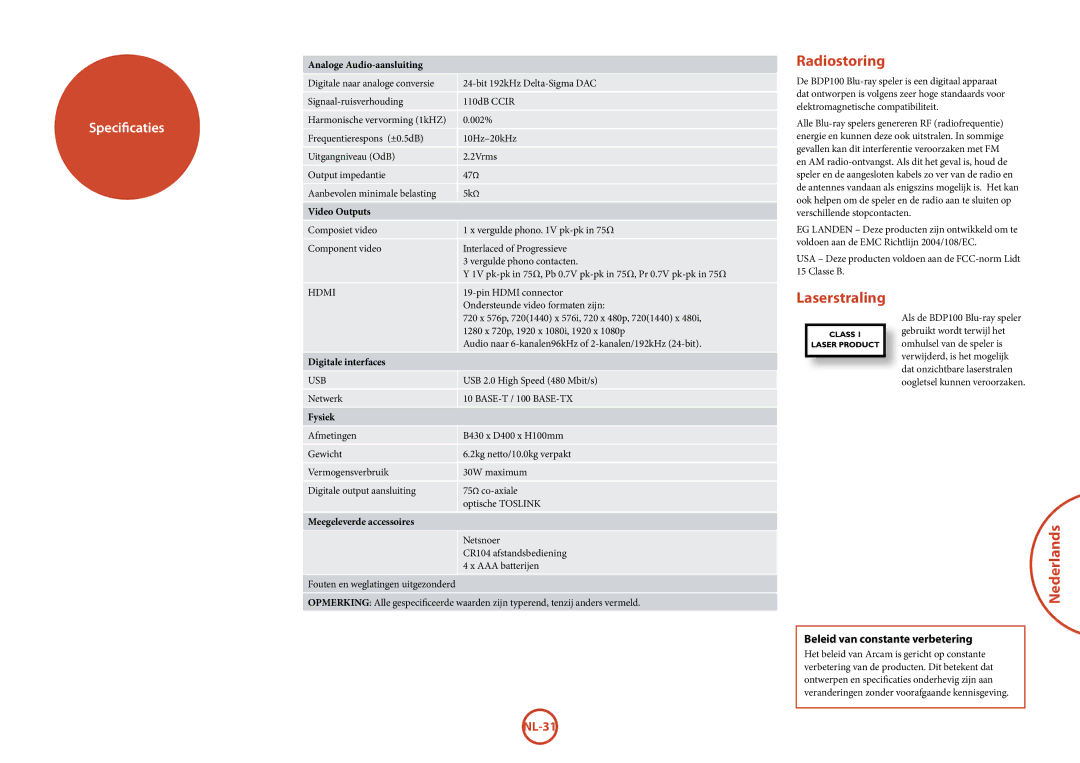 Arcam BDP100 manual Radiostoring, Laserstraling, Beleid van constante verbetering 