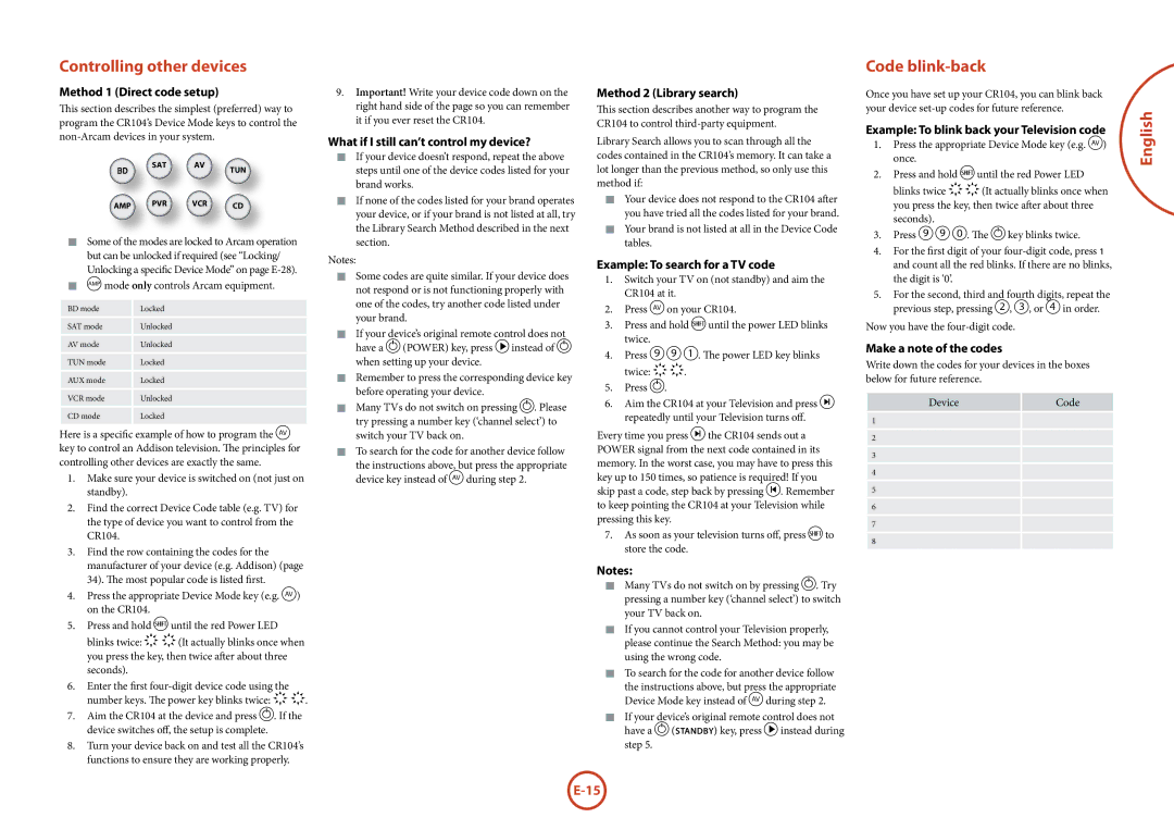 Arcam BDP100 manual Controlling other devices, Code blink-back 