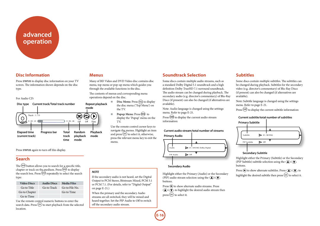 Arcam BDP100 manual Disc Information Menus, Soundtrack Selection, Subtitles, Search 