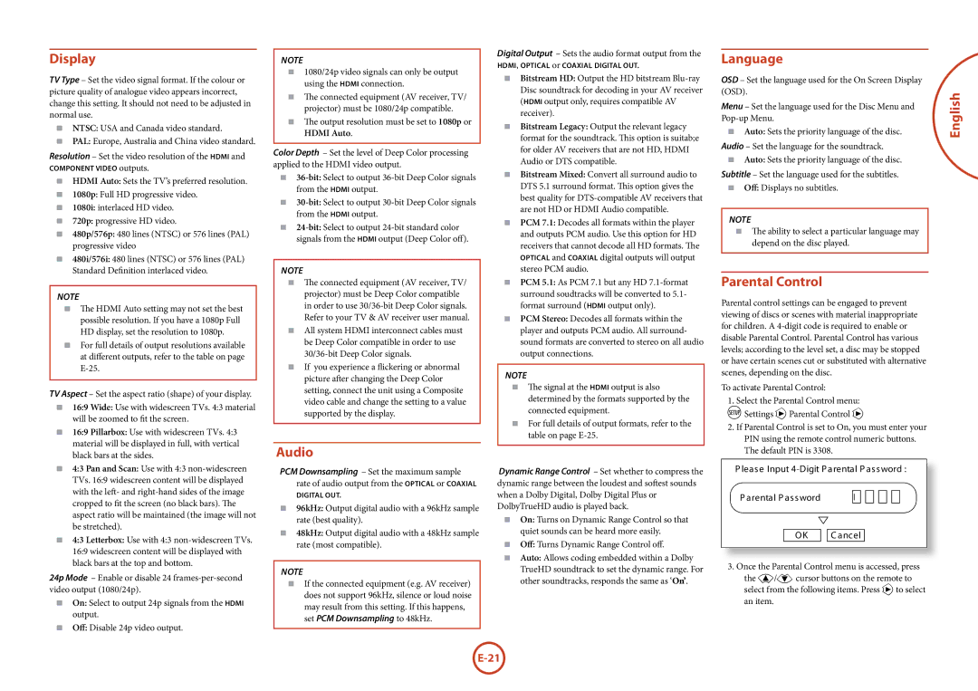 Arcam BDP100 manual Display, Audio, Language, Parental Control, Output resolution must be set to 1080p or Hdmi Auto 