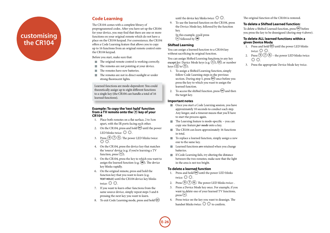 Arcam BDP100 manual Customising CR104, Code Learning 