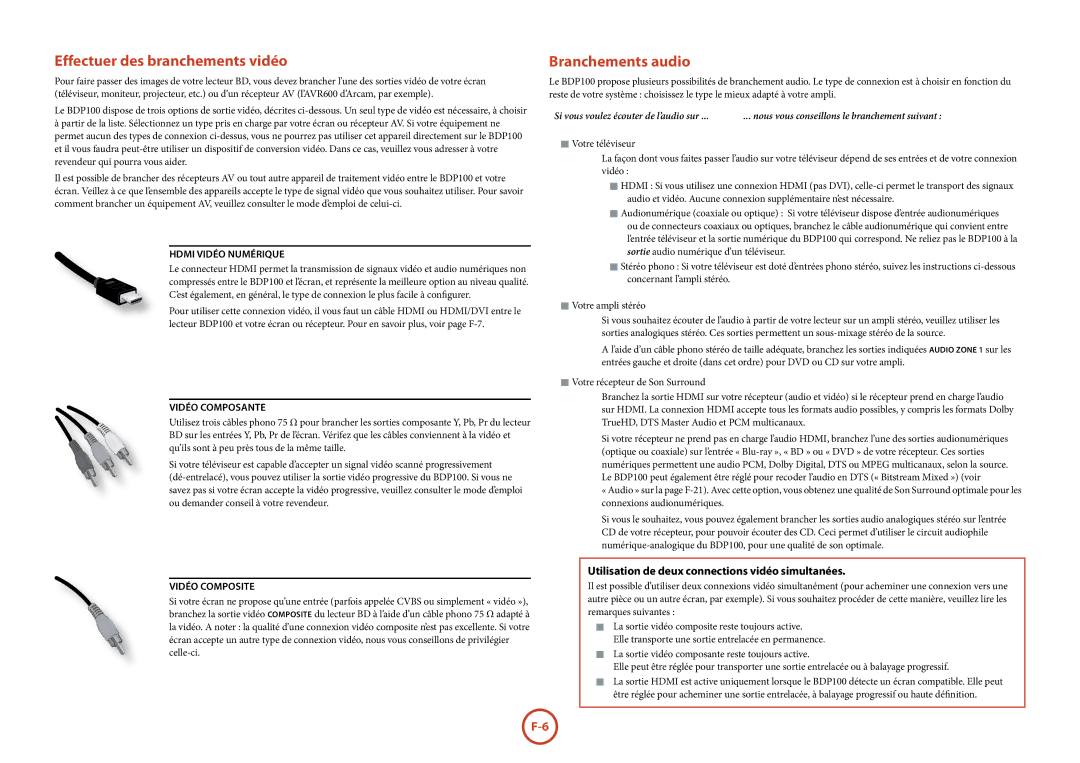 Arcam BDP100 manual Effectuer des branchements vidéo, Branchements audio, Utilisation de deux connections vidéo simultanées 