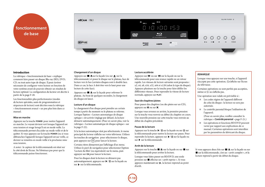 Arcam BDP100 manual Fonctionnement De base 