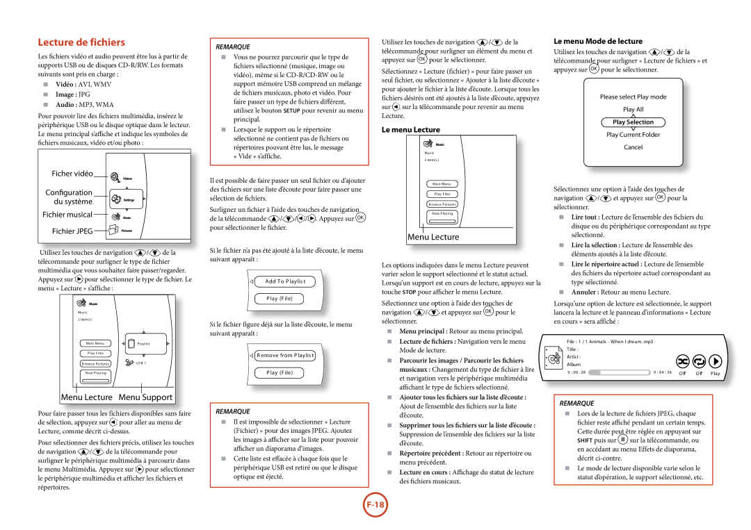 Arcam BDP100 manual Lecture de fichiers, Le menu Lecture, Menu Lecture, Le menu Mode de lecture 