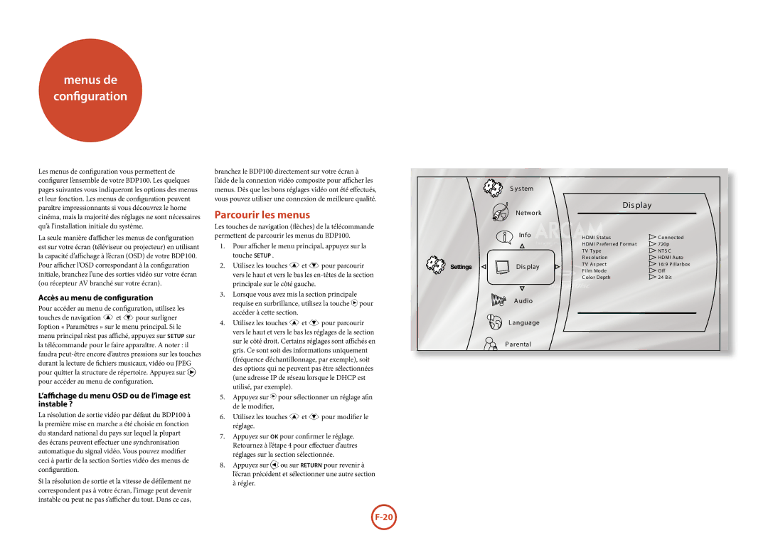 Arcam BDP100 manual Menus de Configuration, Parcourir les menus, Accès au menu de configuration 