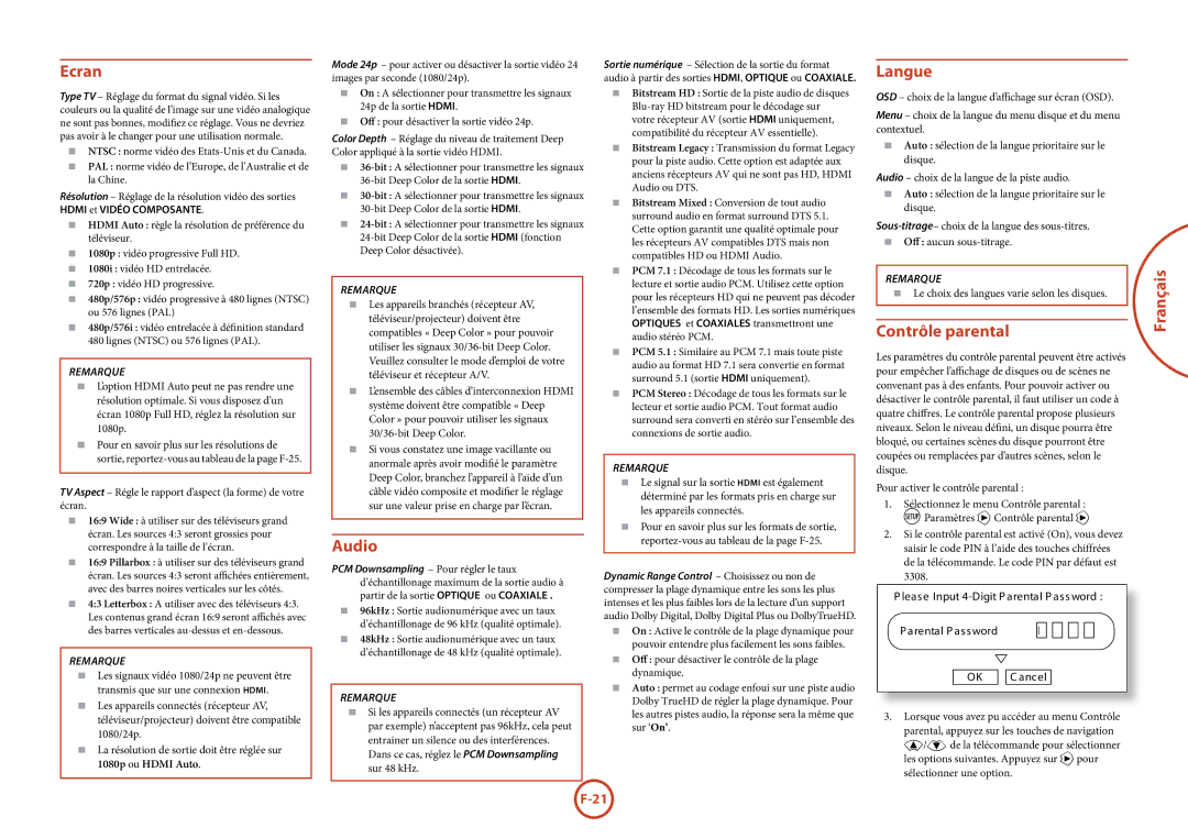 Arcam BDP100 manual Ecran, Langue, Contrôle parental, Le choix des langues varie selon les disques 