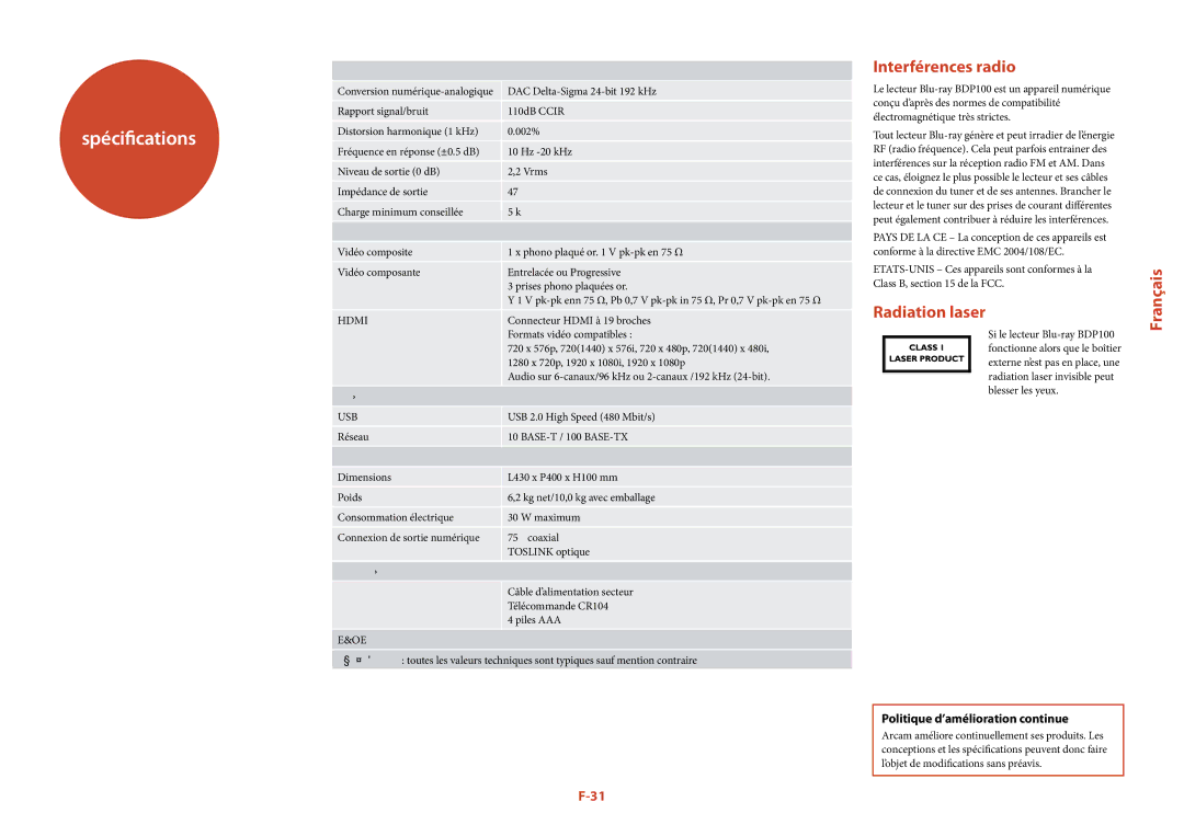 Arcam BDP100 manual Spécifications, Interférences radio, Radiation laser, Politique d’amélioration continue 