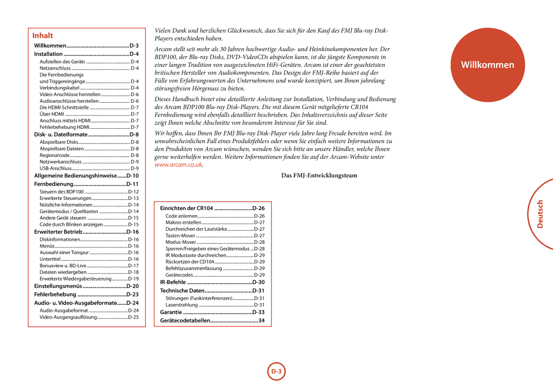 Arcam BDP100 manual Willkommen, Inhalt, Deutsch 