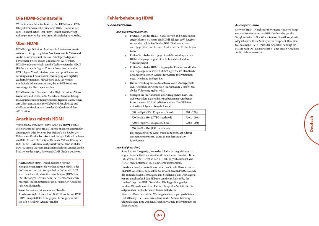 Arcam BDP100 manual Die HDMI-Schnittstelle, Über Hdmi, Anschluss mittels Hdmi, Fehlerbehebung Hdmi 