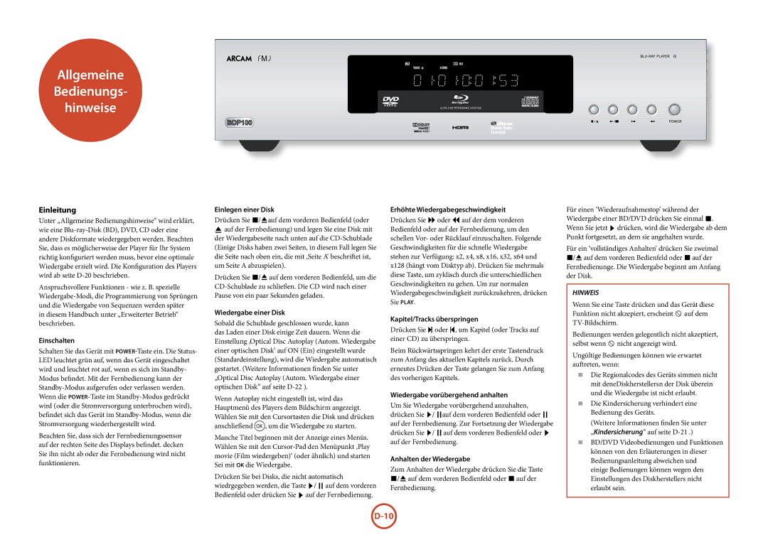 Arcam BDP100 manual Allgemeine Bedienungs Hinweise, Einleitung 