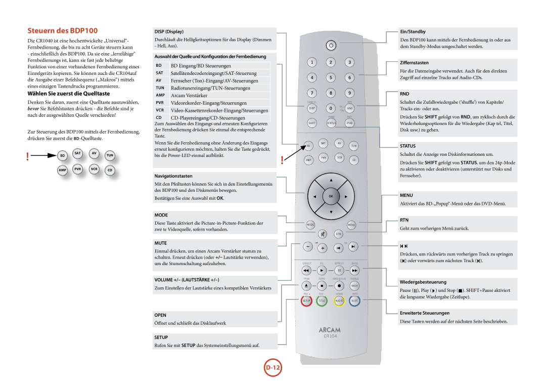 Arcam manual Steuern des BDP100, Wählen Sie zuerst die Quelltaste 