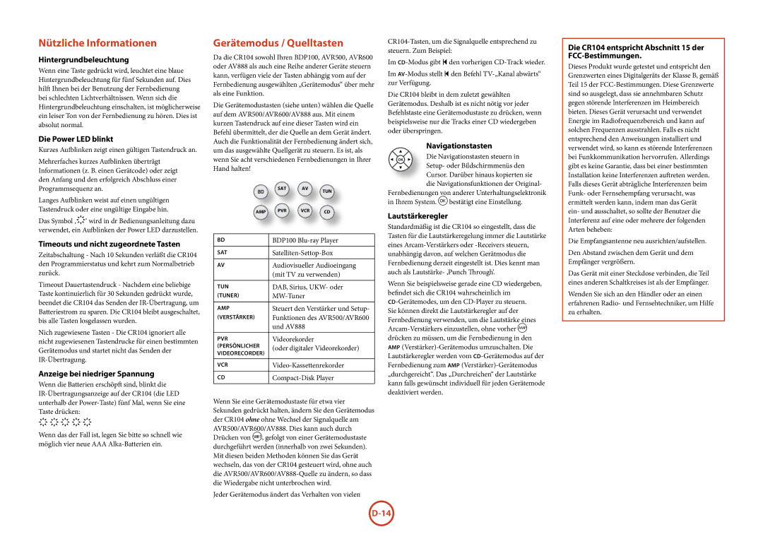 Arcam BDP100 manual Nützliche Informationen, Gerätemodus / Quelltasten 