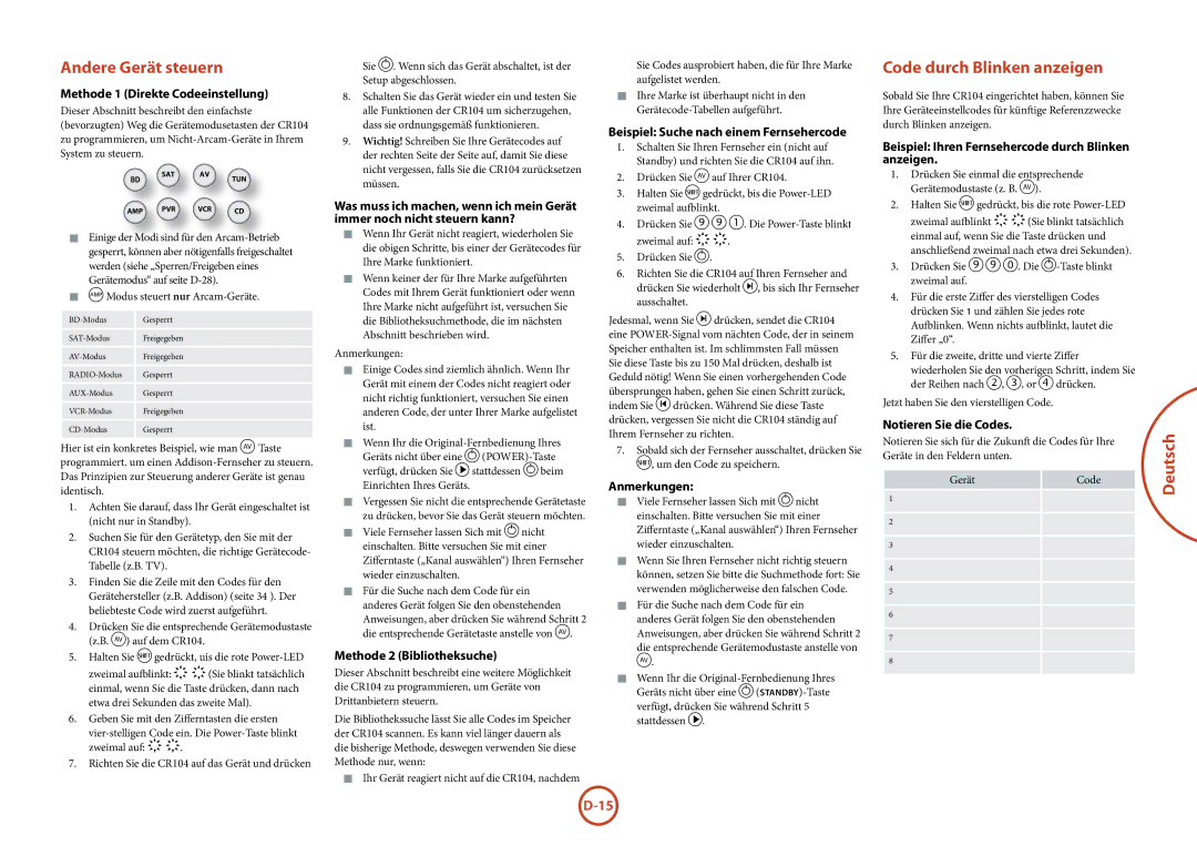 Arcam BDP100 manual Andere Gerät steuern, Code durch Blinken anzeigen 