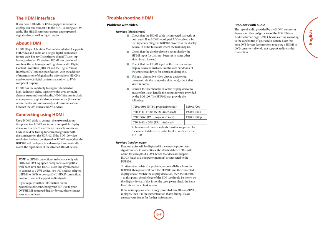 Arcam BDP100 manual Hdmi interface, About Hdmi, Connecting using Hdmi, Troubleshooting Hdmi 