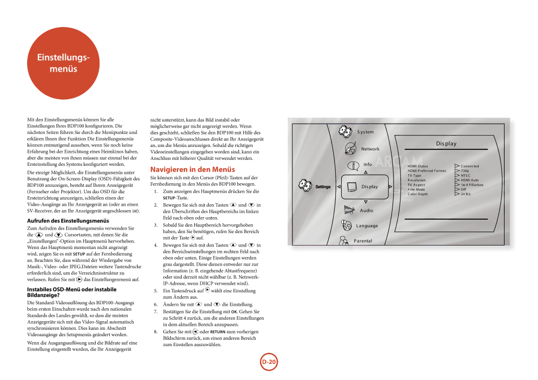 Arcam BDP100 manual Einstellungs Menüs, Navigieren in den Menüs, Aufrufen des Einstellungsmenüs 