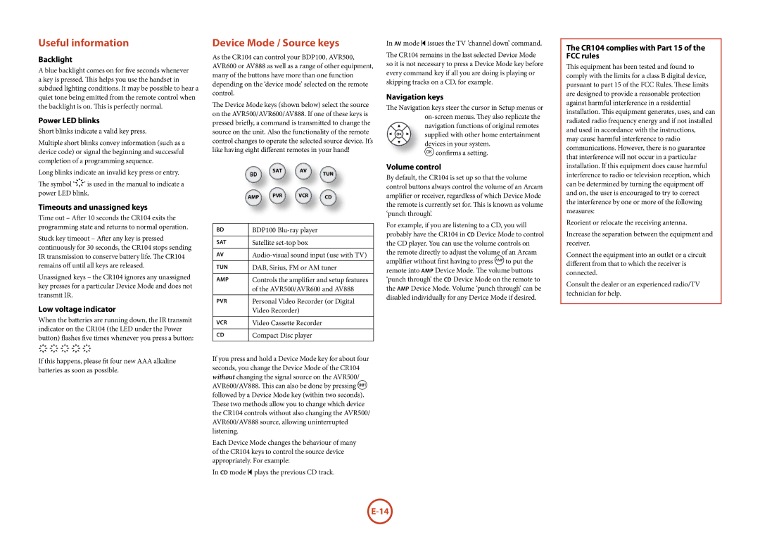 Arcam BDP100 manual Useful information, Device Mode / Source keys 