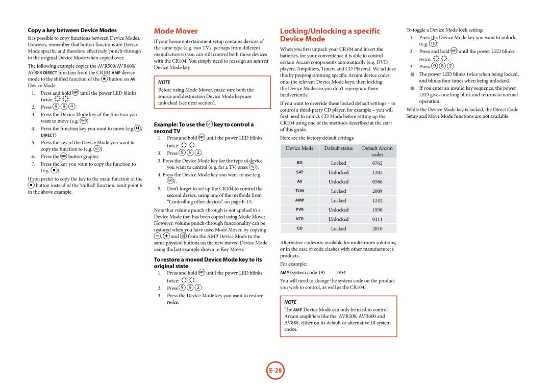 Arcam BDP100 manual Mode Mover, Locking/Unlocking a specific Device Mode, Copy a key between Device Modes 