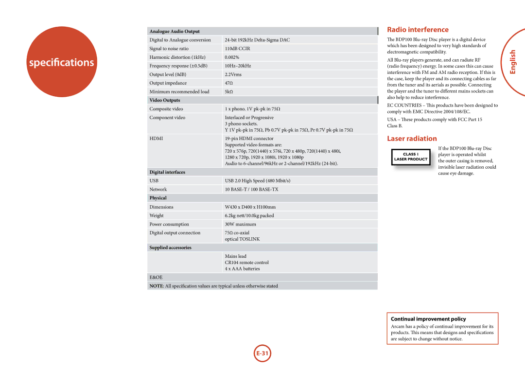 Arcam BDP100 manual Specifications, Radio interference, Laser radiation, Continual improvement policy 