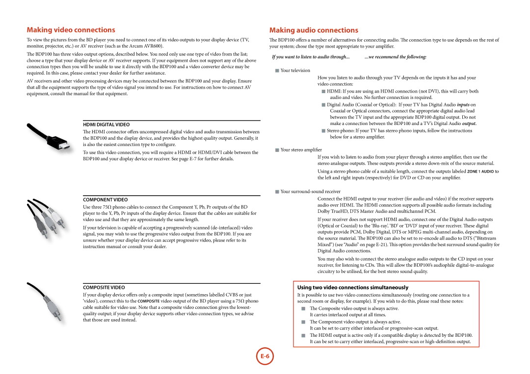 Arcam BDP100 manual Making video connections, Making audio connections, Using two video connections simultaneously 